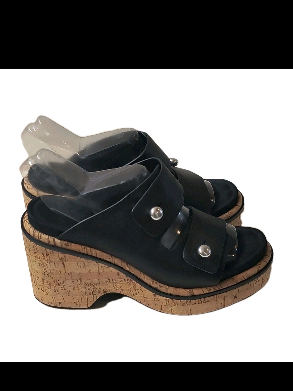 rag & bone Sommer Black Leather Cork Wedge Platform Slide Sandal Stud 37.5 7.5